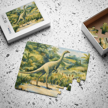 Struthiomimus kids' puzzle mid-assembly with box showing full-color reference image, 30 large pieces - LeBonJournal