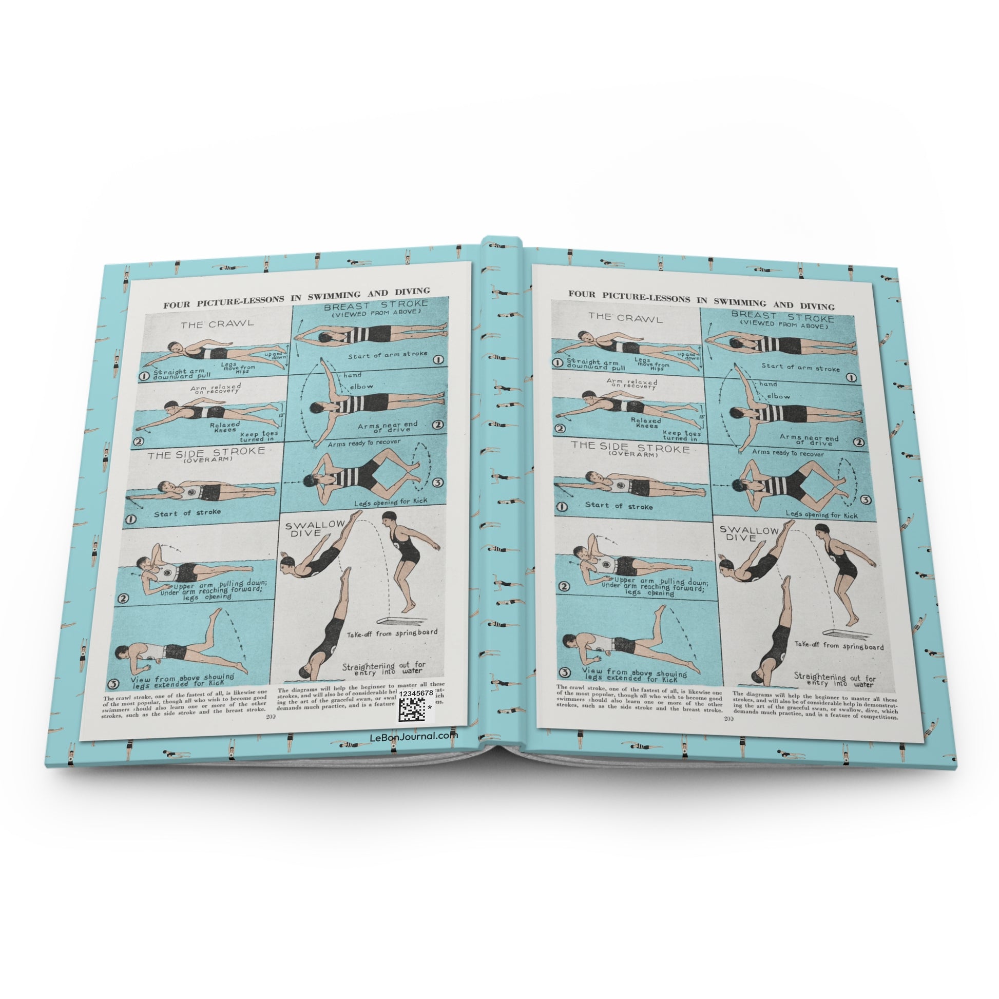 Swimming hardcover journal spine and full-wrap Four Picture-Lessons 1940s-1950s vintage aquatic education chart from Book of Knowledge - LeBonJournal