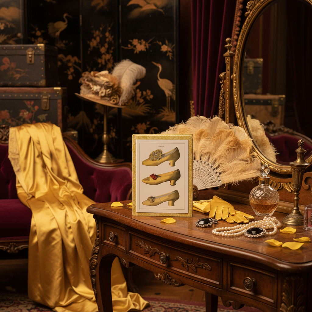 T. Watson Greig Victorian shoes journal in Ada Cavendish dressing room Japanese screen yellow satin feathers - LeBonJournal
