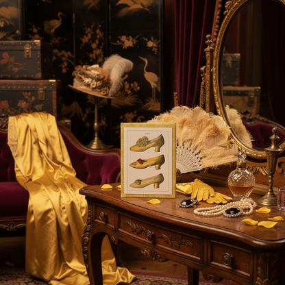 T. Watson Greig Victorian shoes journal in Ada Cavendish dressing room Japanese screen yellow satin feathers - LeBonJournal
