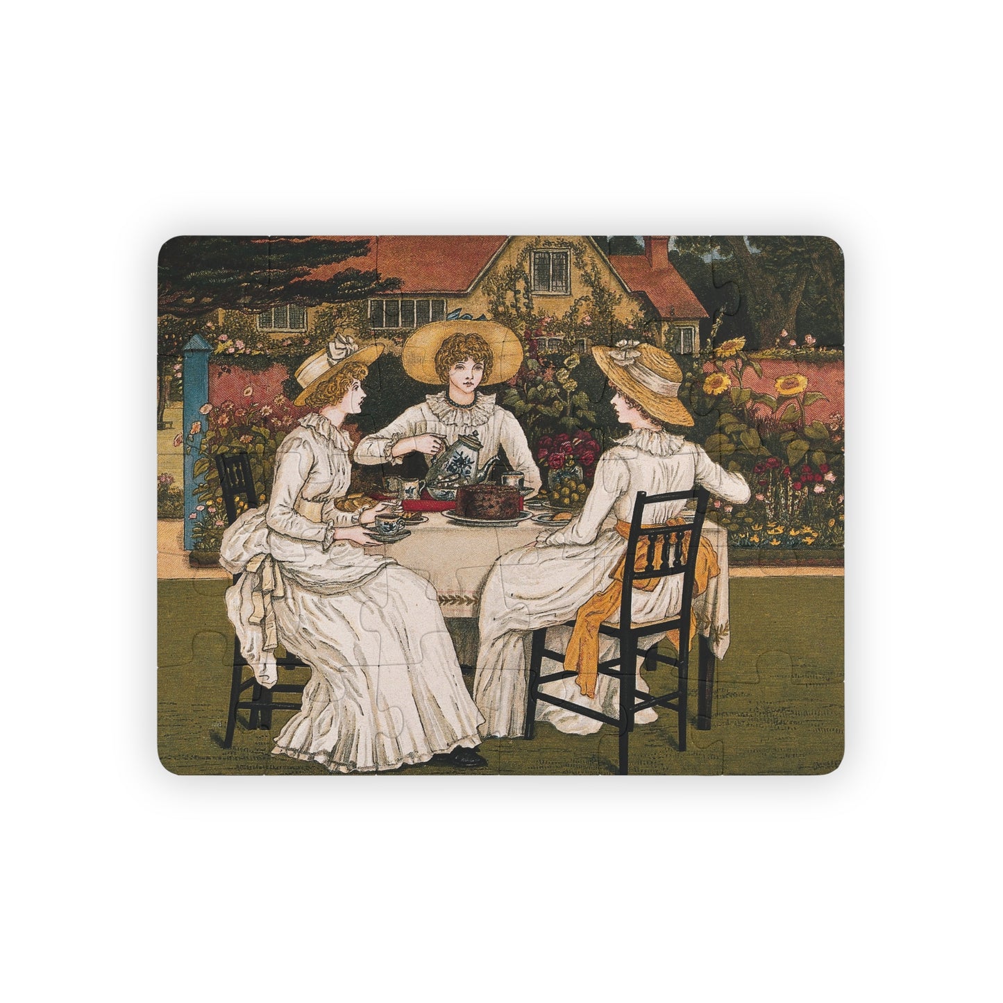 Tea party kids' 30-piece puzzle complete, Kate Greenaway 1887 color lithograph from The Girl's Own Annual - LeBonJournal