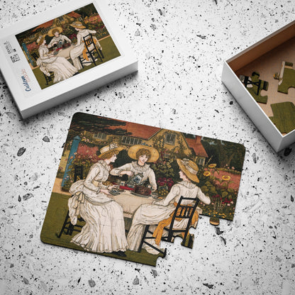Tea party kids' puzzle mid-assembly with box showing full-color reference image, 30 large pieces - LeBonJournal