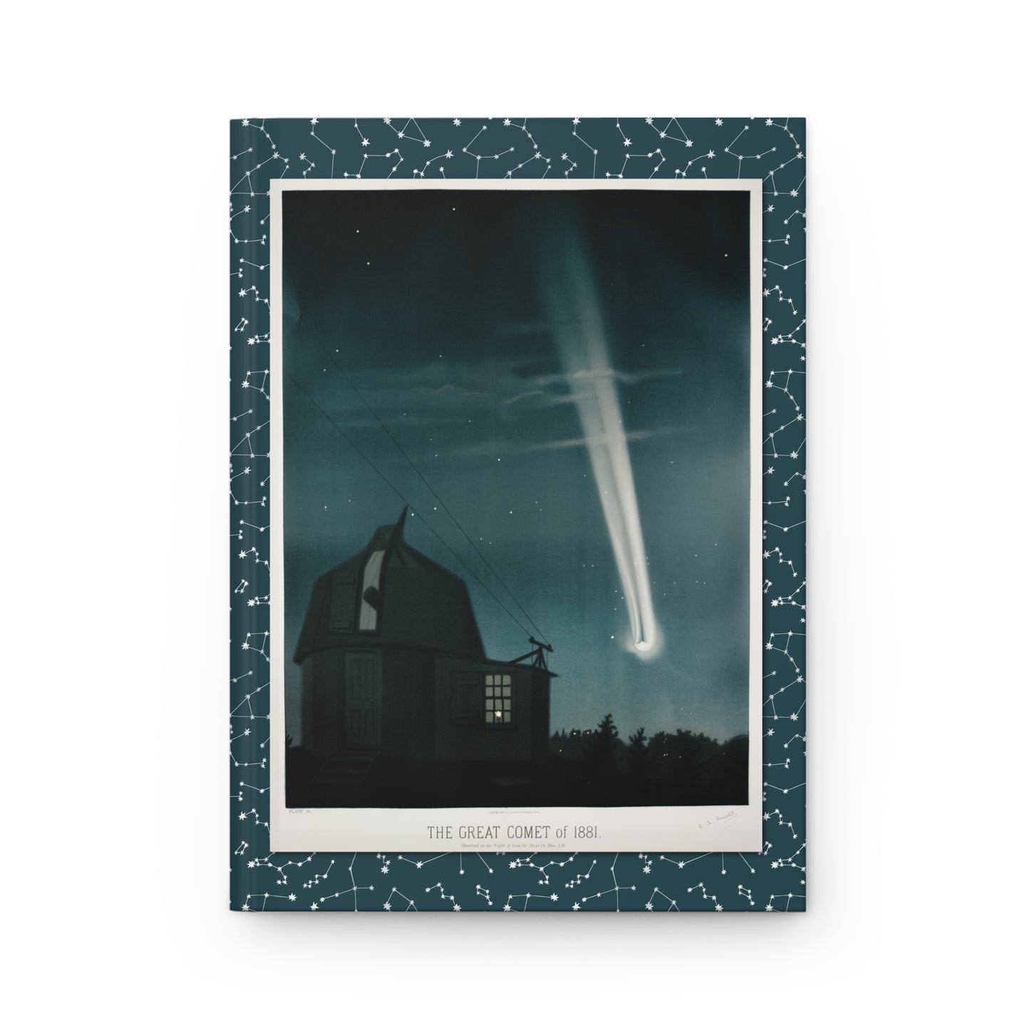 The Great Comet of 1881 front cover by Étienne Trouvelot Harvard College Observatory dark teal constellation border matte laminated - LeBonJournal