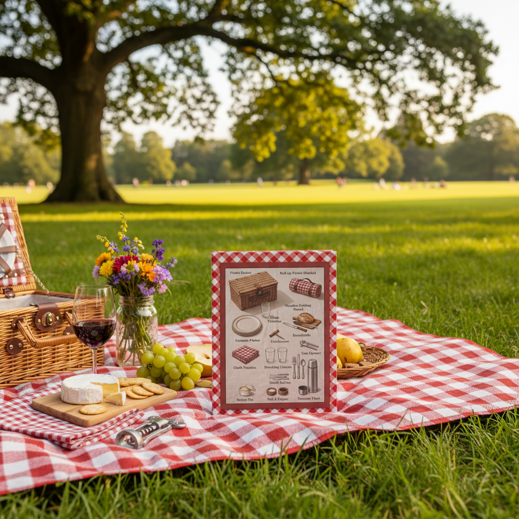 Picnic journal on red gingham blanket English park wicker basket brie wine grapes wildflowers sunlight - LeBonJournal
