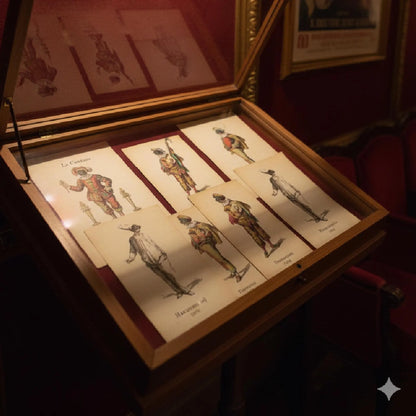 Museum showcase featuring Commedia dell'Arte images - LeBonJournal