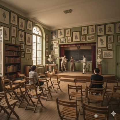 Theater school classroom decorated with framed Molière character illustrations on walls - LeBonJournal