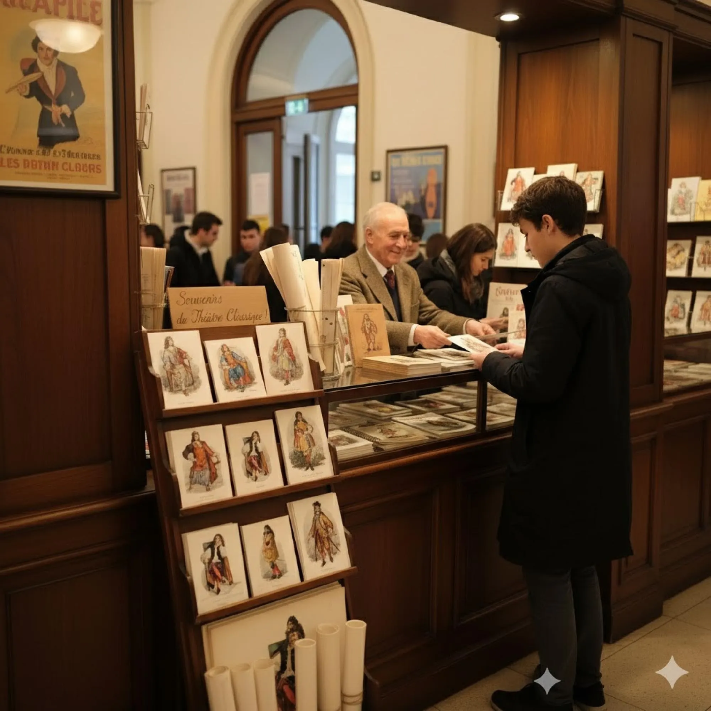 Theater school gift shop featuring theatrical character postcards and memorabilia - LeBonJournal