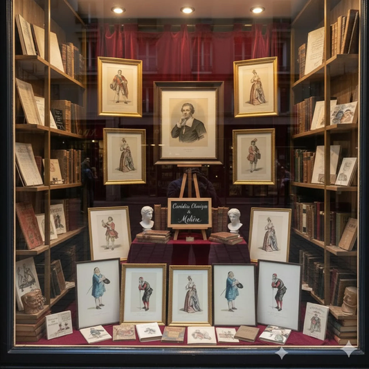Theater showcase displaying framed portraits of Molière's theatrical characters - LeBonJournal