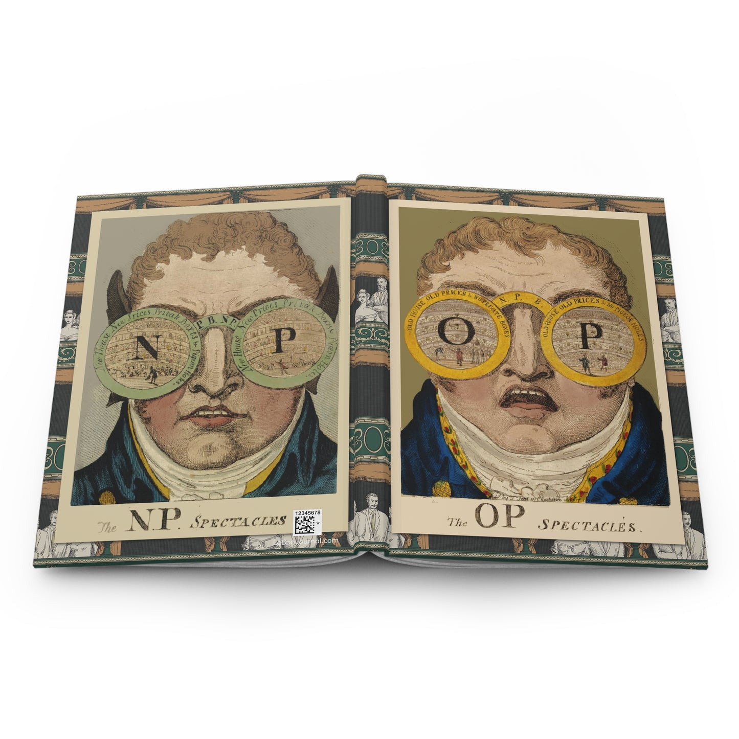 Open Theatre Spectacles journal showing durable casewrap binding, hardcover construction with Cruikshank's O.P. and N.P. Spectacles caricatures on front and back covers, and flexible spine for lay-flat writing - LeBonJournal