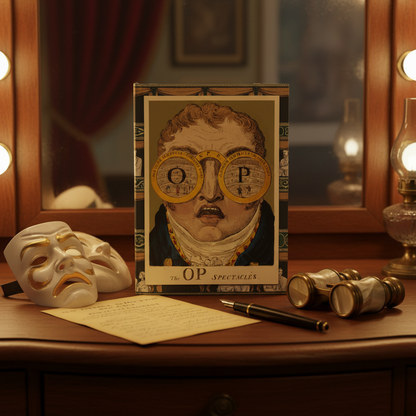 Theatre Spectacles hardcover journal standing on vintage dressing table with theatre mask, antique opera binoculars, fountain pen, theatre programme, warm candlelight, red velvet curtain background, theatrical stationery for actors and stage enthusiasts - LeBonJournal
