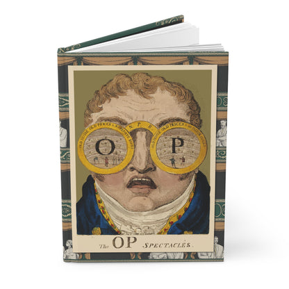 Hardcover theatre journal standing upright showing front cover with Isaac Cruikshank's 1809 O.P. Spectacles satirical caricature featuring Henry Clifford and Covent Garden Theatre Old Price Riots on matte finish cover - LeBonJournal

