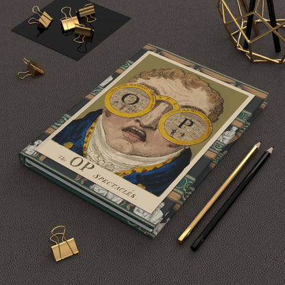 Theatre Spectacles hardcover journal in lifestyle setting, premium matte finish journal featuring Cruikshank's 1809 satirical caricatures, elegant stationery for theatre lovers, actors, and British history enthusiasts - LeBonJournal
