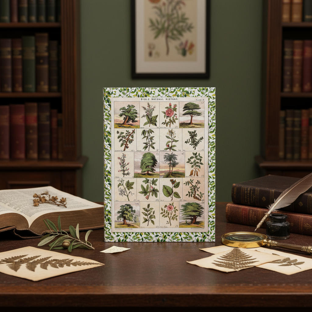 Thomas C. Jack 1850 biblical botany journal on antique oak desk with leather Bible pressed botanical specimens magnifying glass and warm amber lamp - LeBonJournal