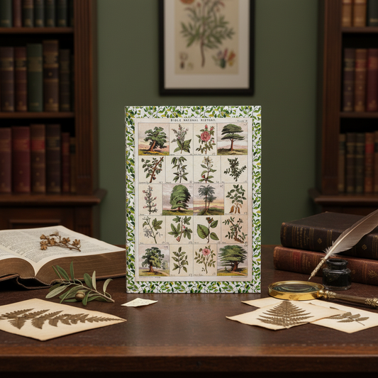 Thomas C. Jack 1850 biblical botany journal on antique oak desk with leather Bible pressed botanical specimens magnifying glass and warm amber lamp - LeBonJournal