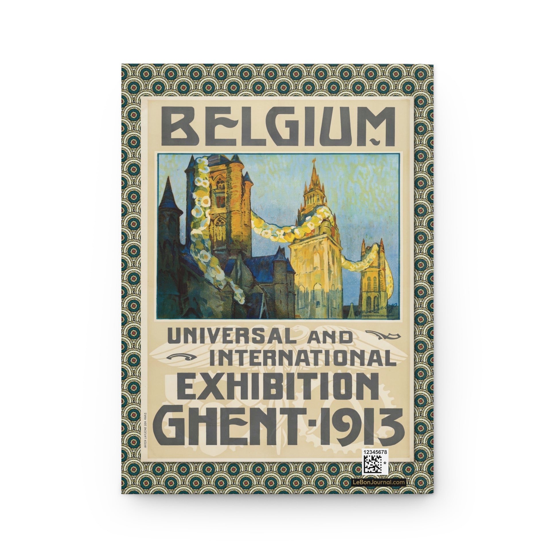 Three towers of Ghent back cover, Saint Nicholas, Belfry and Saint Bavo's Cathedral with festive garlands, Jos Cornelis Art Nouveau lithograph 1913 - LeBonJournal