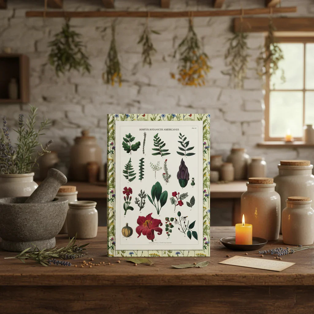 Titford 1811 Hortus Botanicus Americanus journal on apothecary desk with medicinal plants and botanical specimens - LeBonJournal