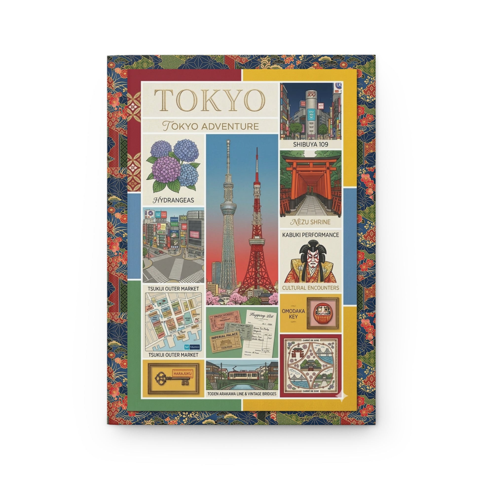 Tokyo Adventure front cover Tokyo Tower Skytree Shibuya Harajuku retro graphic poster - LeBonJournal
