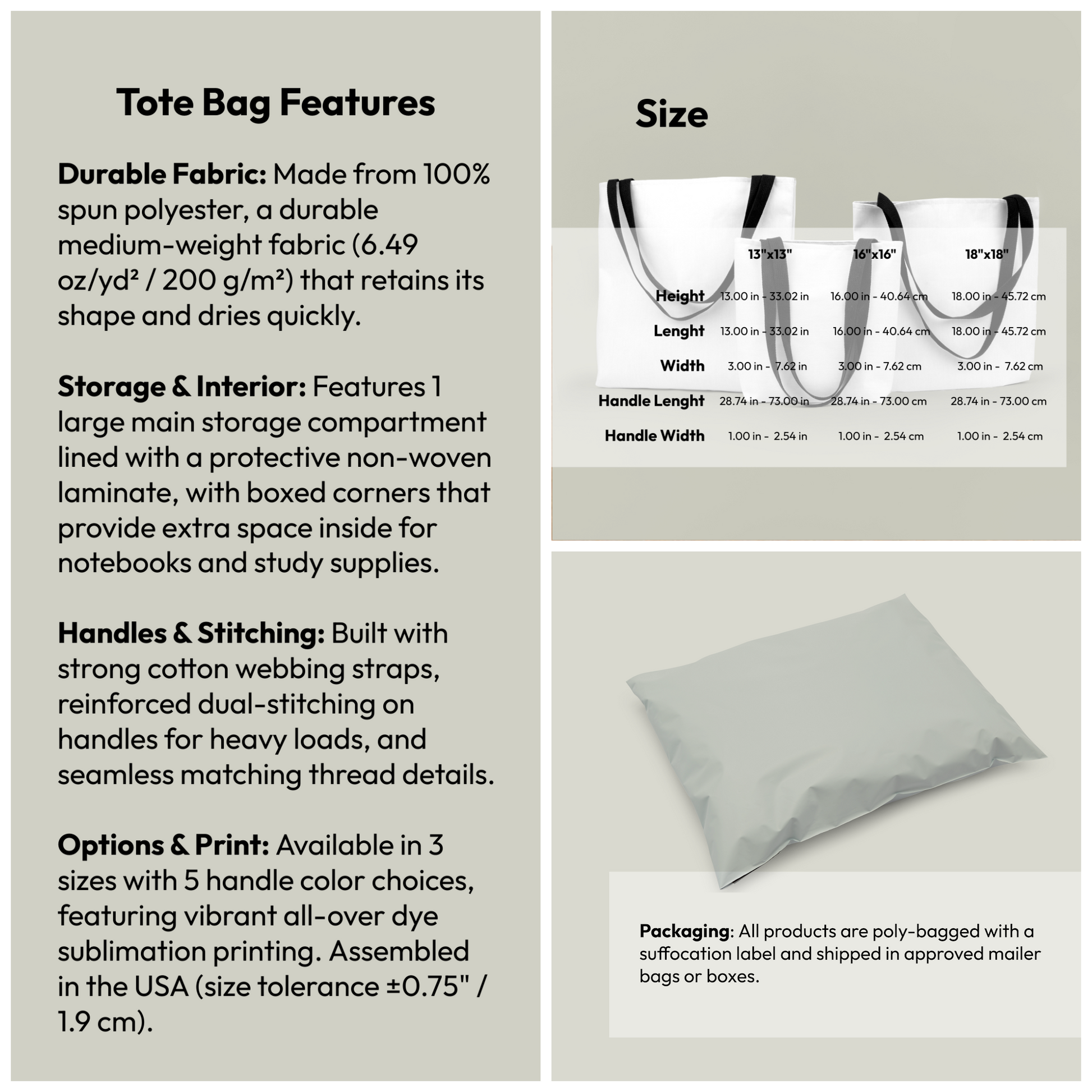 Tote bag size and material specifications showing 13×13, 16×16 and 18×18 options - LeBonJournal