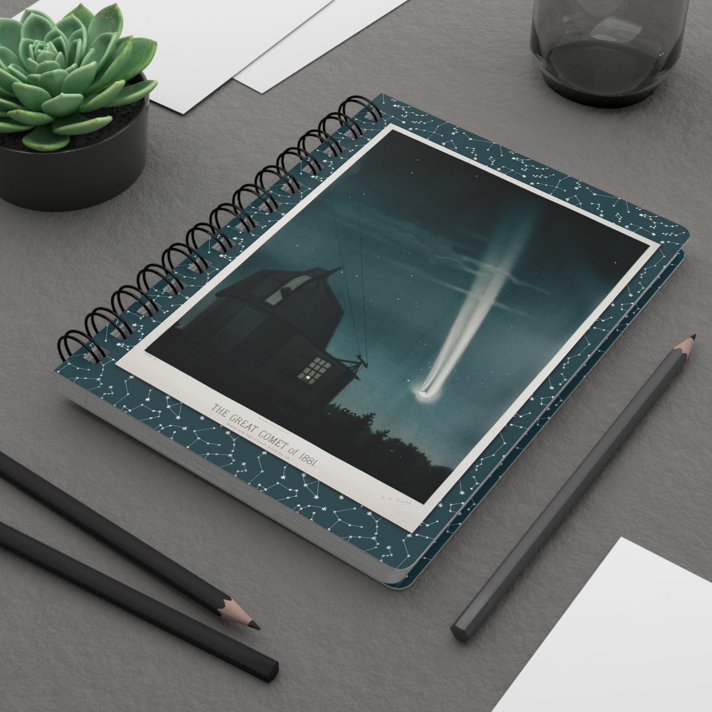 Trouvelot 1882 astronomical drawings spiral journal on workspace celebrating Victorian sky illustration and Harvard College Observatory legacy - LeBonJournal