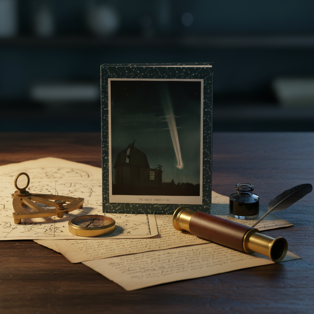 Trouvelot 1882 astronomical drawings blank journal on dark oak desk with star charts brass compass sextant spyglass and observation notes - LeBonJournal