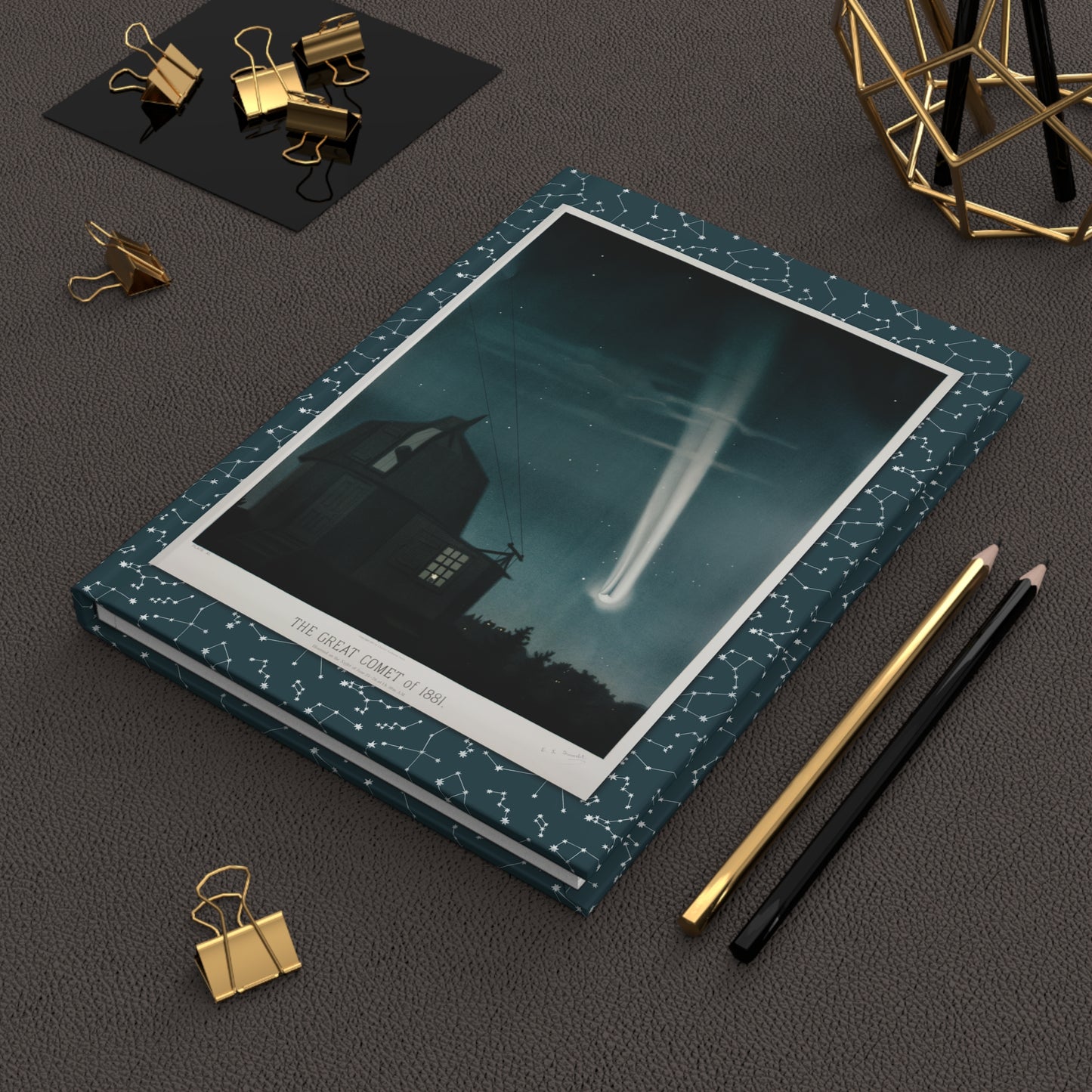 Trouvelot 1882 astronomical drawings blank journal on workspace with writing tools celebrating Victorian astronomy at Harvard Observatory - LeBonJournal