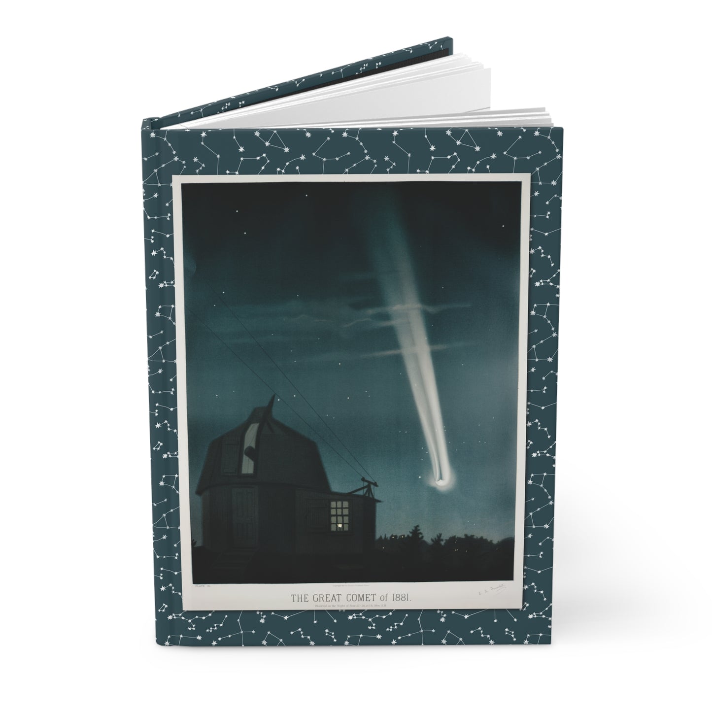 Trouvelot 1882 astronomical drawings hardcover blank journal standing upright showing Great Comet of 1881 constellation border cover - LeBonJournal