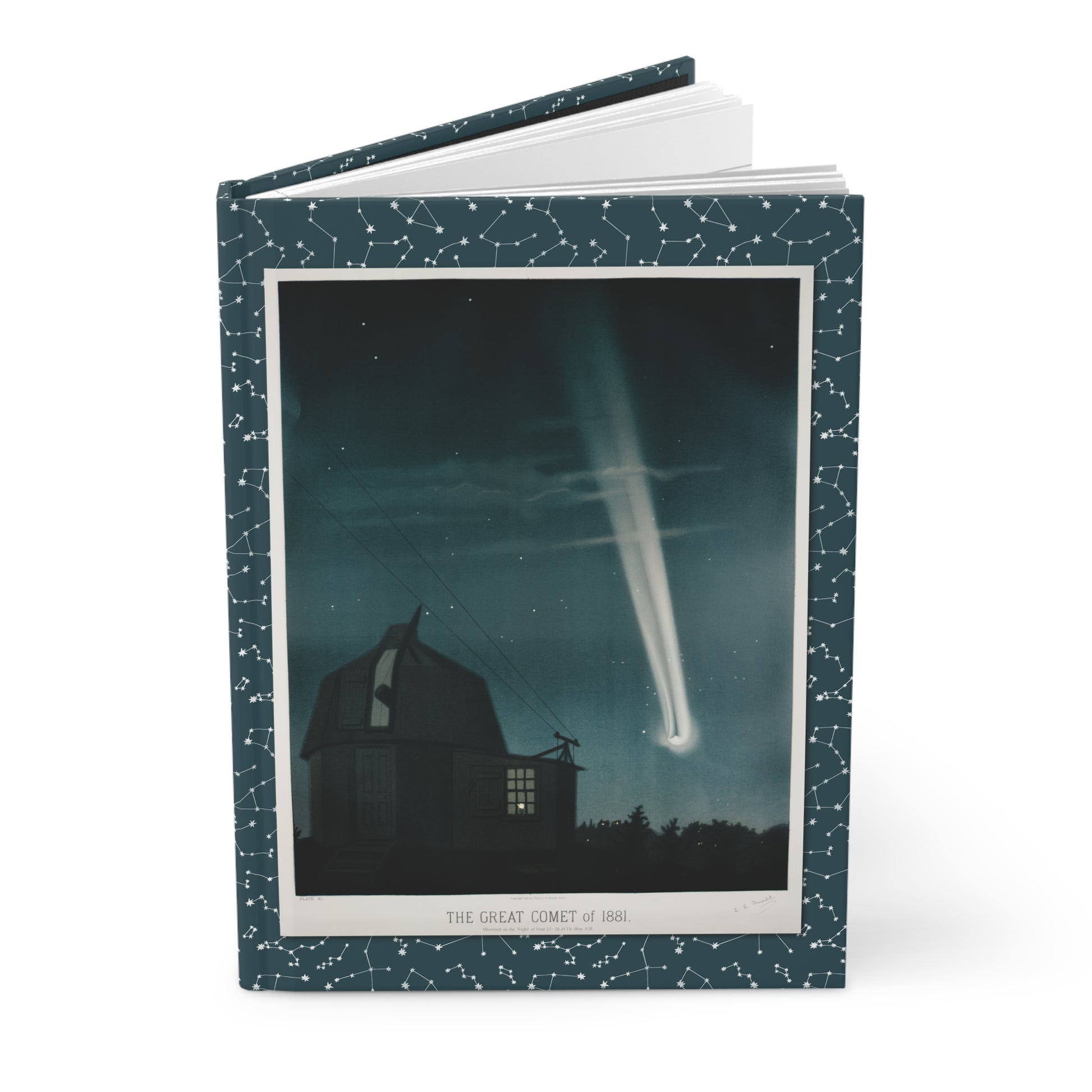 Trouvelot 1882 astronomical drawings hardcover blank journal standing upright showing Great Comet of 1881 constellation border cover - LeBonJournal
