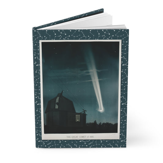 Trouvelot 1882 astronomical drawings hardcover blank journal standing upright showing Great Comet of 1881 constellation border cover - LeBonJournal