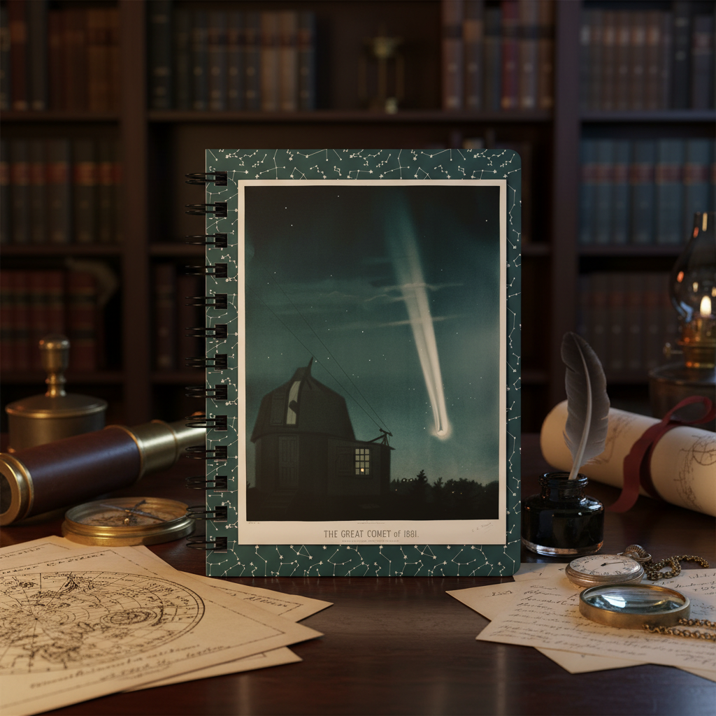 Trouvelot 1882 Great Comet of 1881 spiral journal in Victorian observatory study with brass telescope and star atlas - LeBonJournaltorian Observatory Lifestyle