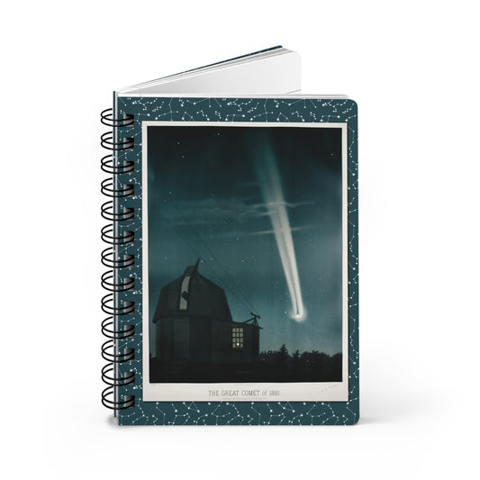 Trouvelot 1882 astronomical drawings spiral journal front cover with Great Comet of 1881 pastel illustration on teal constellation background - LeBonJournal