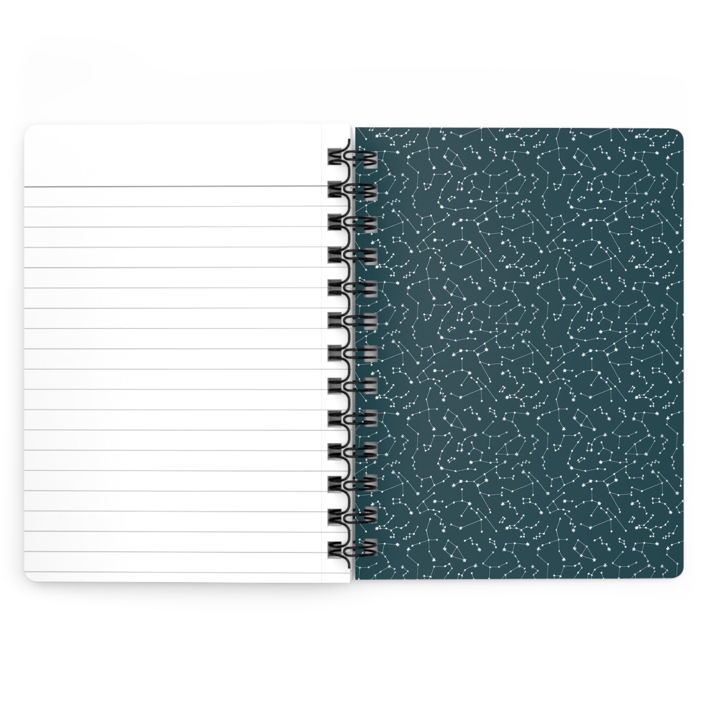 Trouvelot astronomical drawings spiral journal open spread showing lined pages and constellation-patterned inside back cover - LeBonJournal