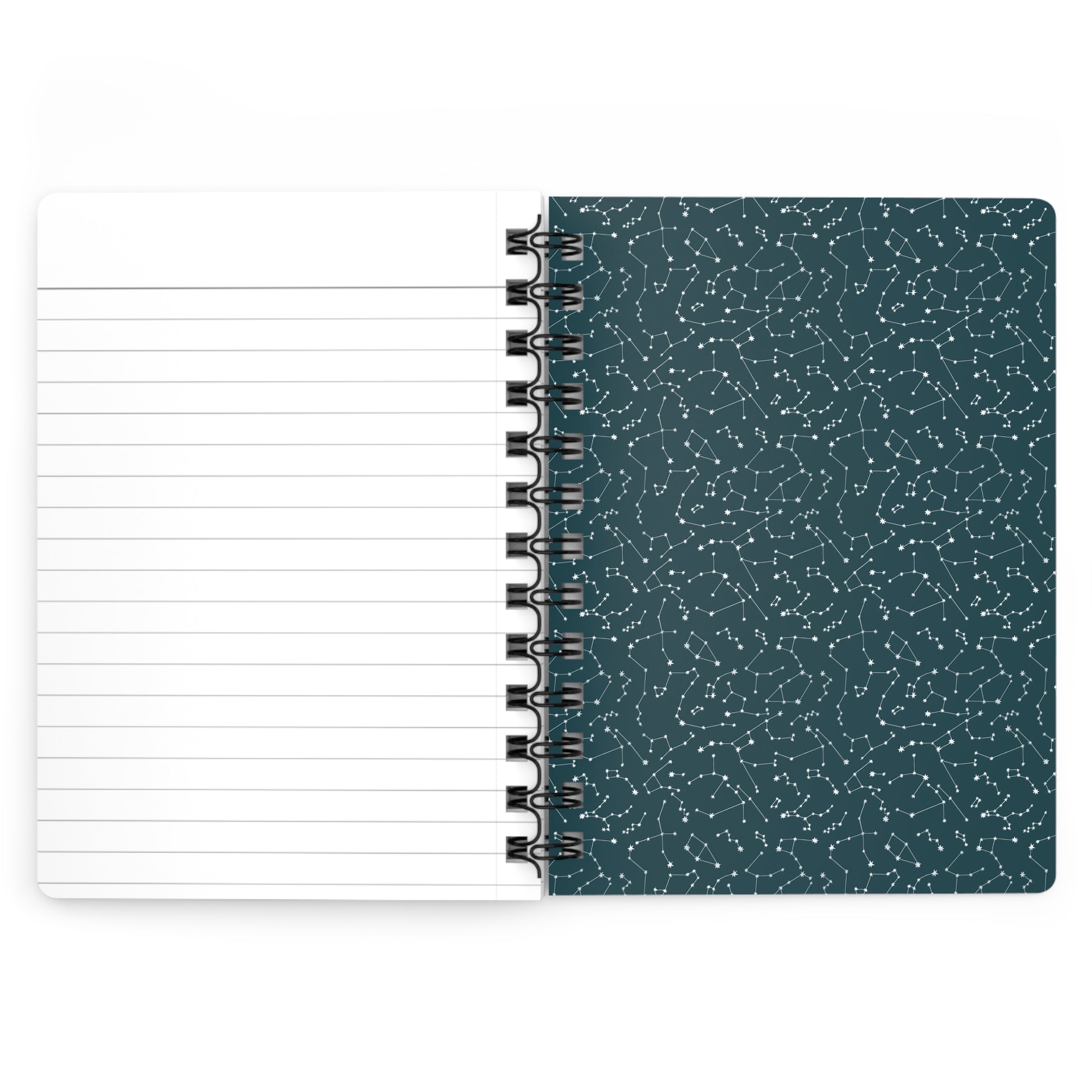 Trouvelot astronomical drawings spiral journal open spread showing lined pages and constellation-patterned inside back cover - LeBonJournal