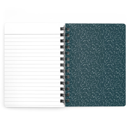 Trouvelot astronomical drawings spiral journal open spread showing lined pages and constellation-patterned inside back cover - LeBonJournal