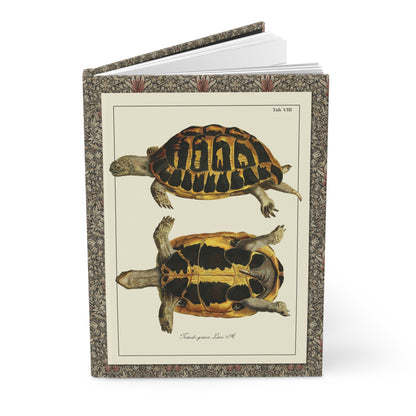 Schöpf 1792 turtle hardcover journal standing vertically slightly open showing lined pages, Naturgeschichte der Schildkröten engraving cover - LeBonJournal
