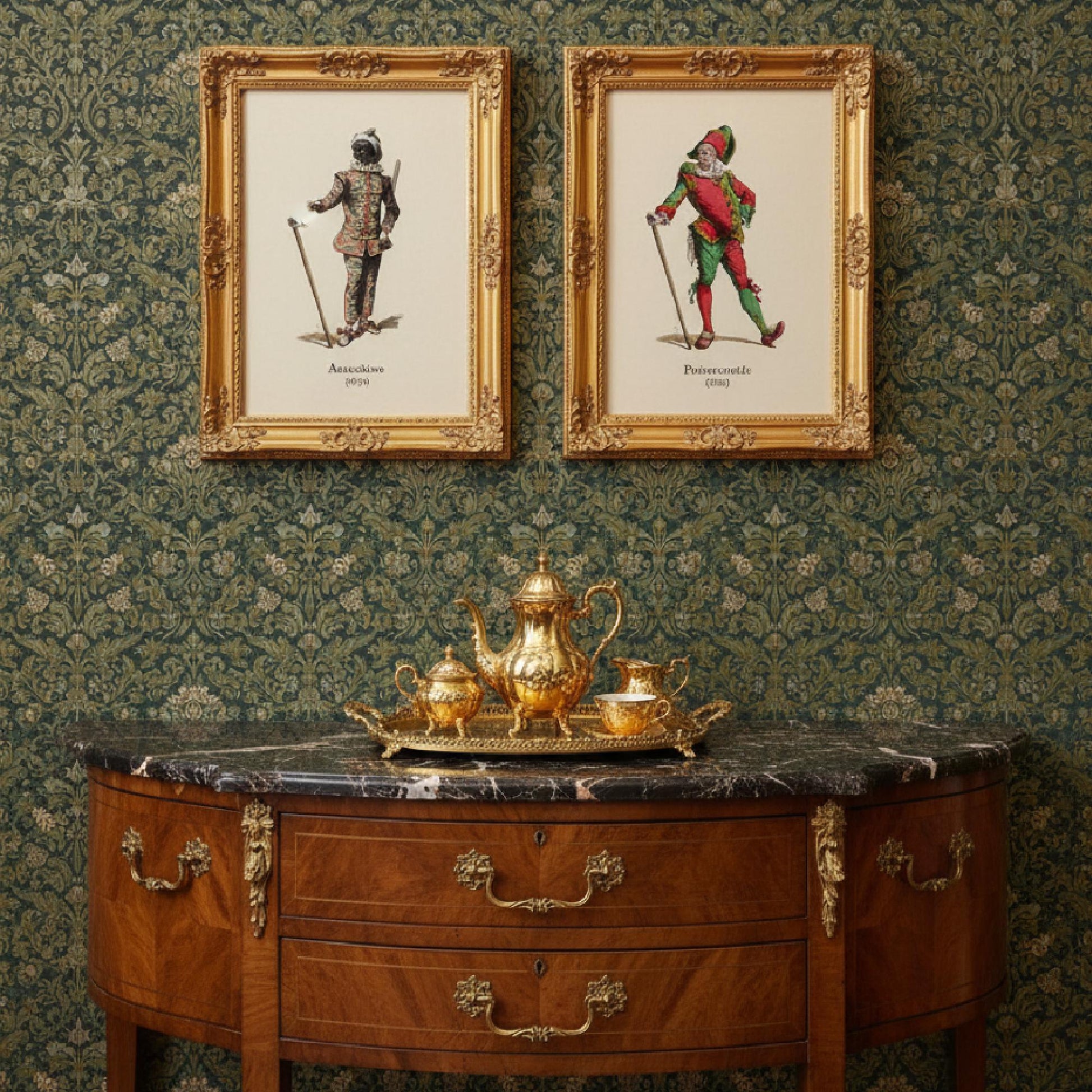 Two framed Maurice Sand 1860 Commedia dell'Arte prints displayed on console table, vintage theater character etchings from Masques et Bouffons home decor - LeBonJournal
