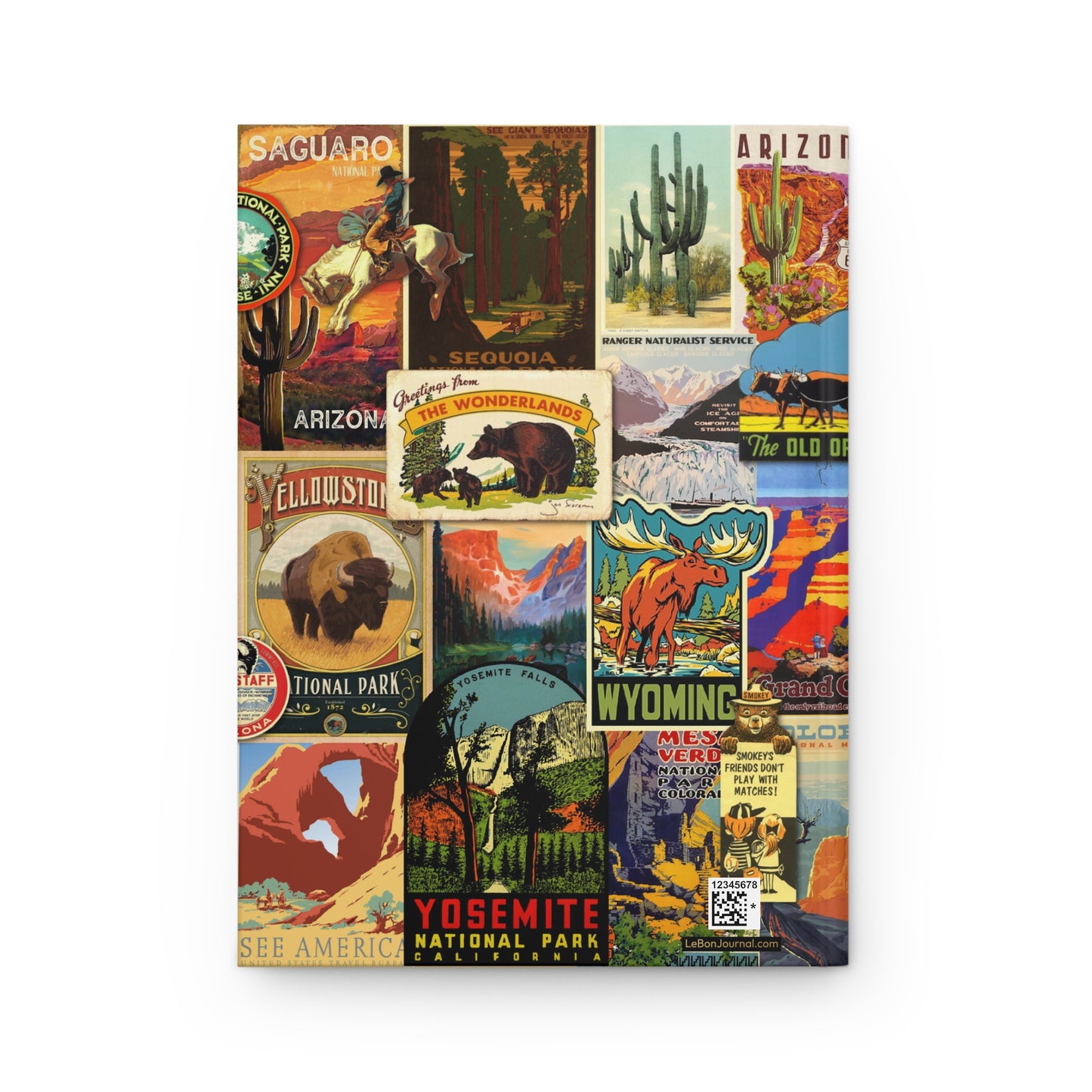 USA national parks back cover with WPA posters, postage stamps and travel illustrations, Zion and iconic parks vintage collage - LeBonJournal