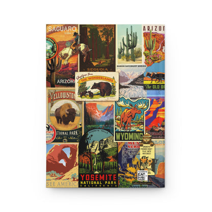 USA national parks back cover with WPA posters, postage stamps and travel illustrations, Zion and iconic parks vintage collage - LeBonJournal