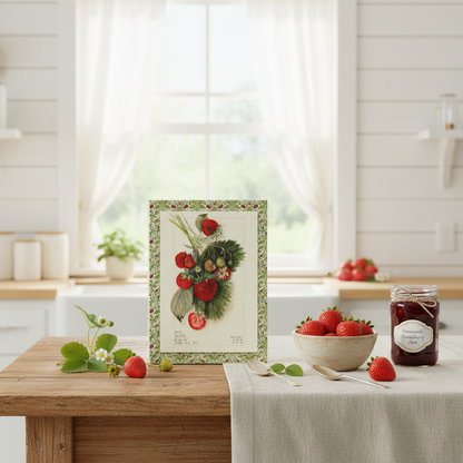 USDA strawberry botanical journal on farmhouse kitchen table with fresh strawberries, homemade jam jar and vintage spoon - LeBonJournal