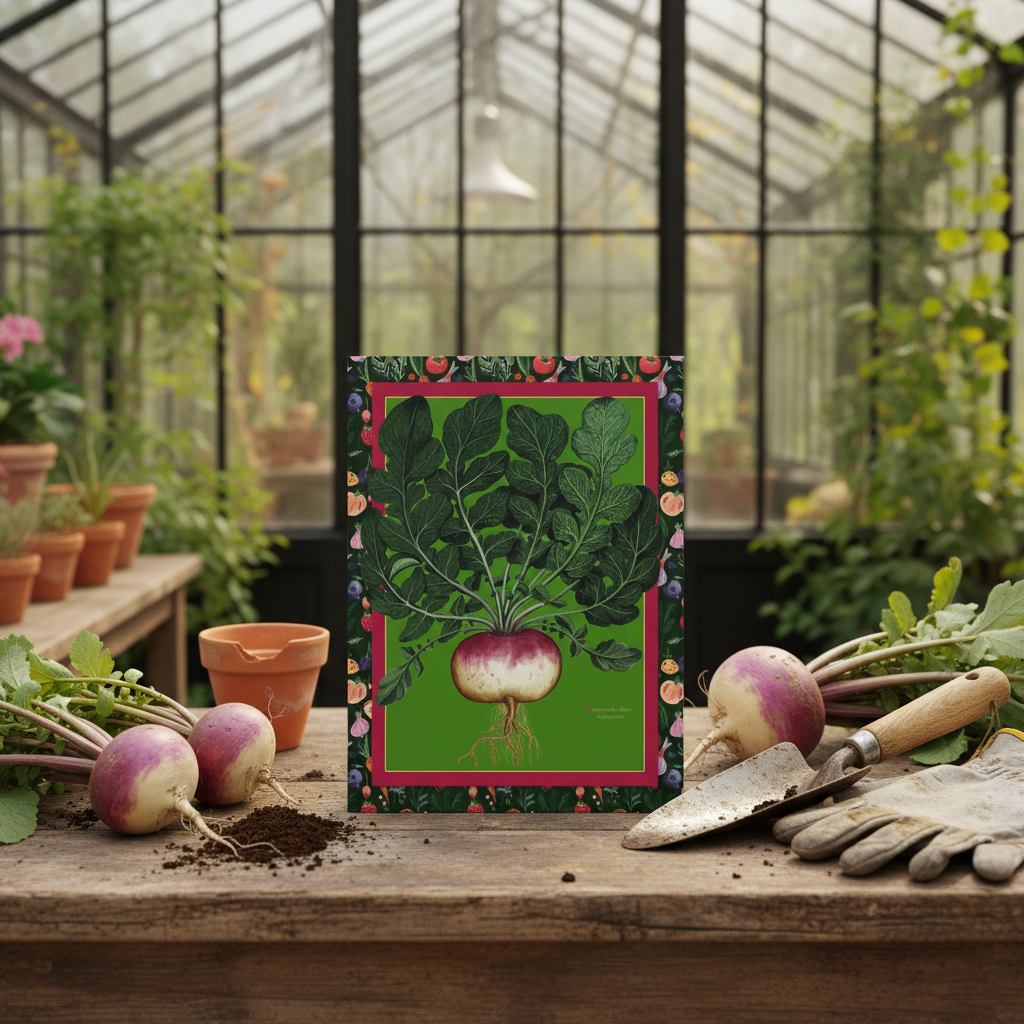 Ulisse Aldrovandi Renaissance botanical journal on Victorian greenhouse potting bench with fresh turnips, radishes and terracotta pot - LeBonJournal