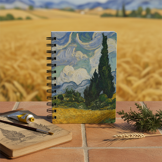 Van Gogh 1889 Wheat Field with Cypresses spiral journal in Provençal setting with dried wheat stalk and paintbrush - LeBonJournal