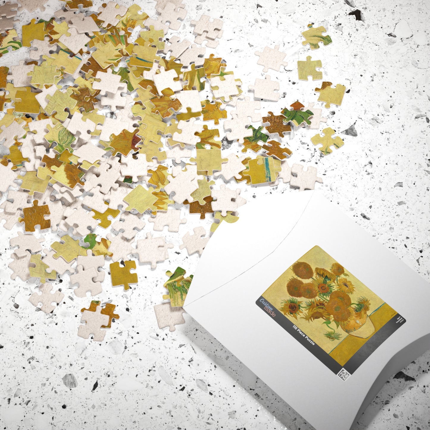 Van Gogh 1888 Fifteen Sunflowers National Gallery puzzle box with pieces and sunflowers artwork printed on lid - LeBonJournal