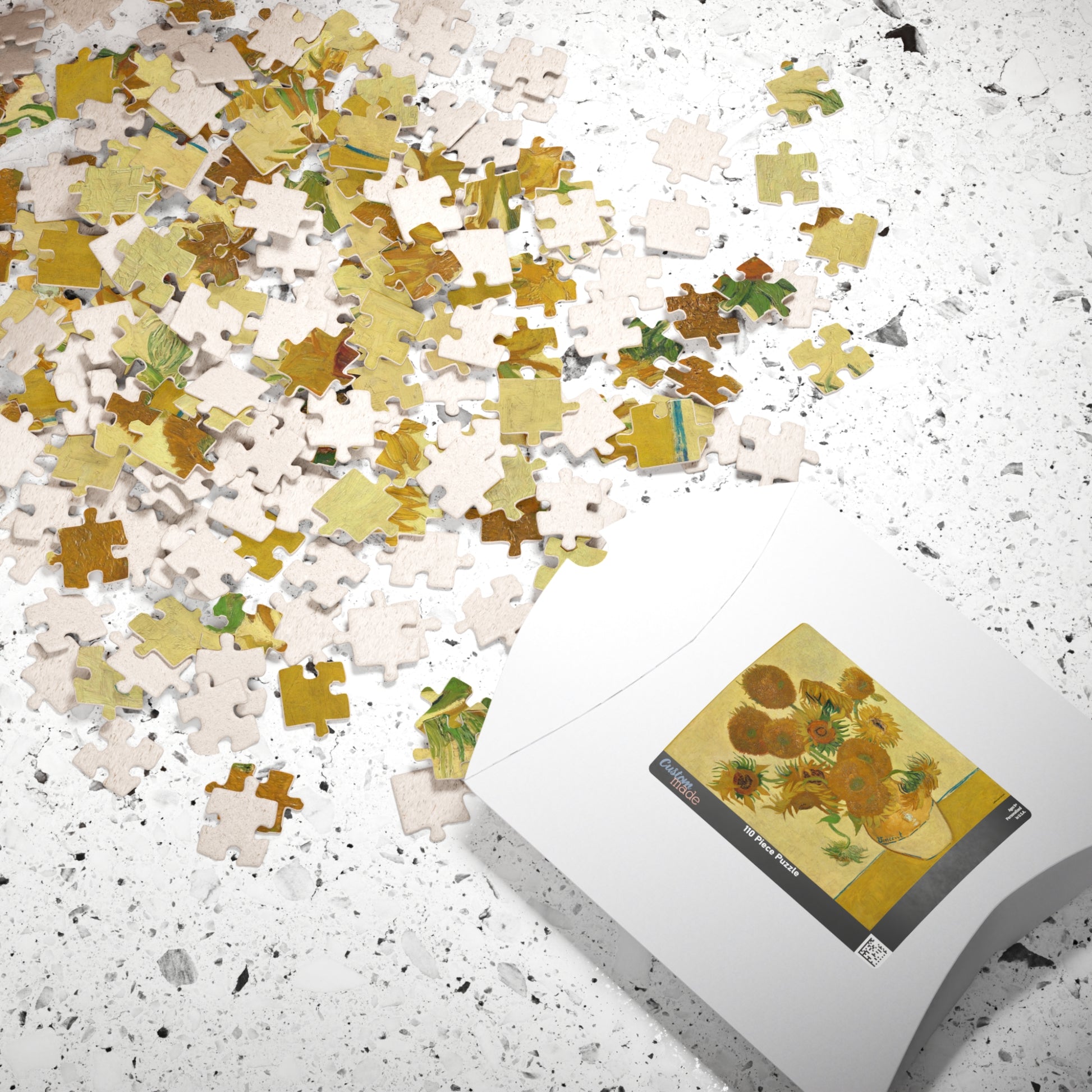 Van Gogh 1888 Fifteen Sunflowers National Gallery puzzle box with pieces and sunflowers artwork printed on lid - LeBonJournal