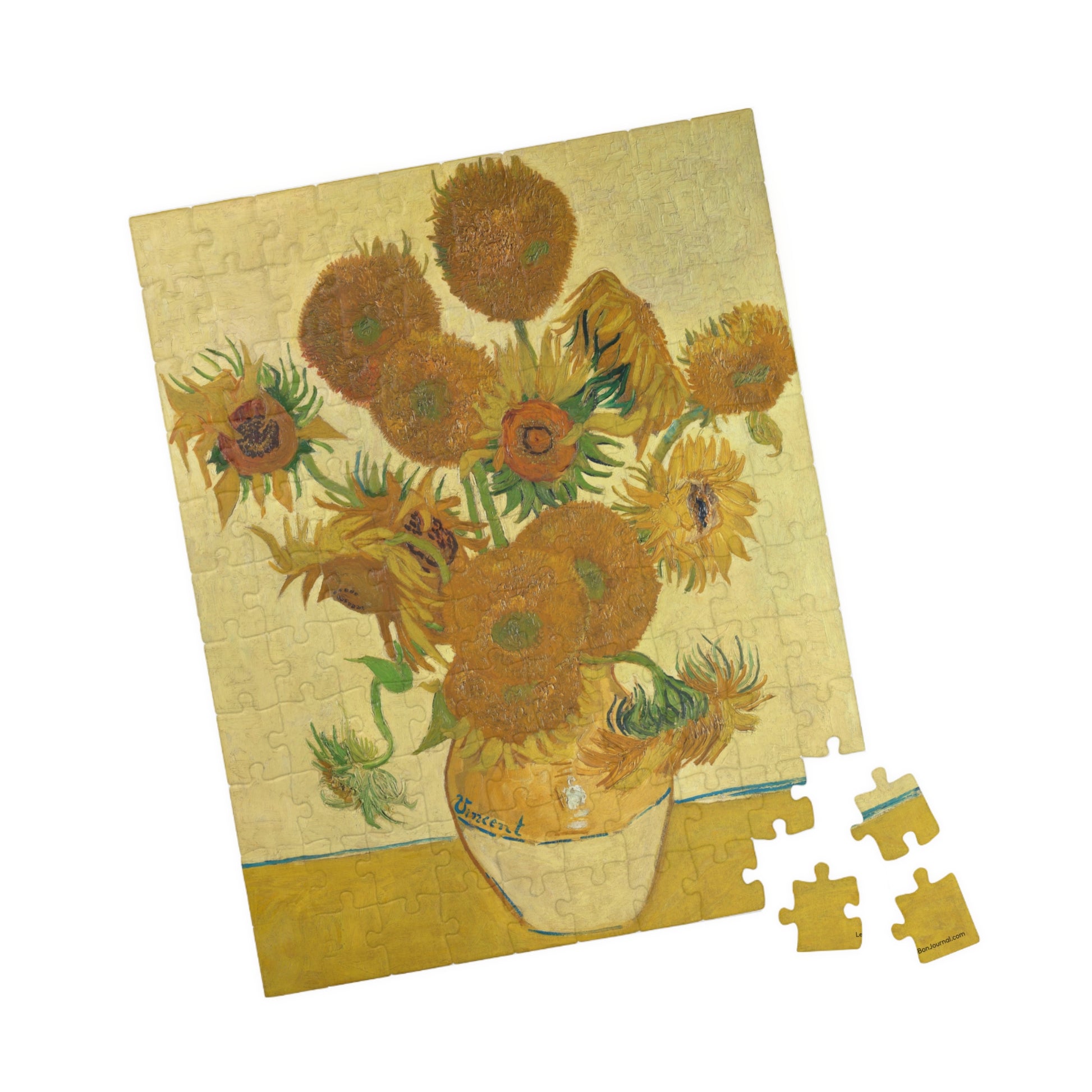 Van Gogh 1888 Fifteen Sunflowers National Gallery puzzle 110 pieces in lifestyle setting with refined home decor - LeBonJournal