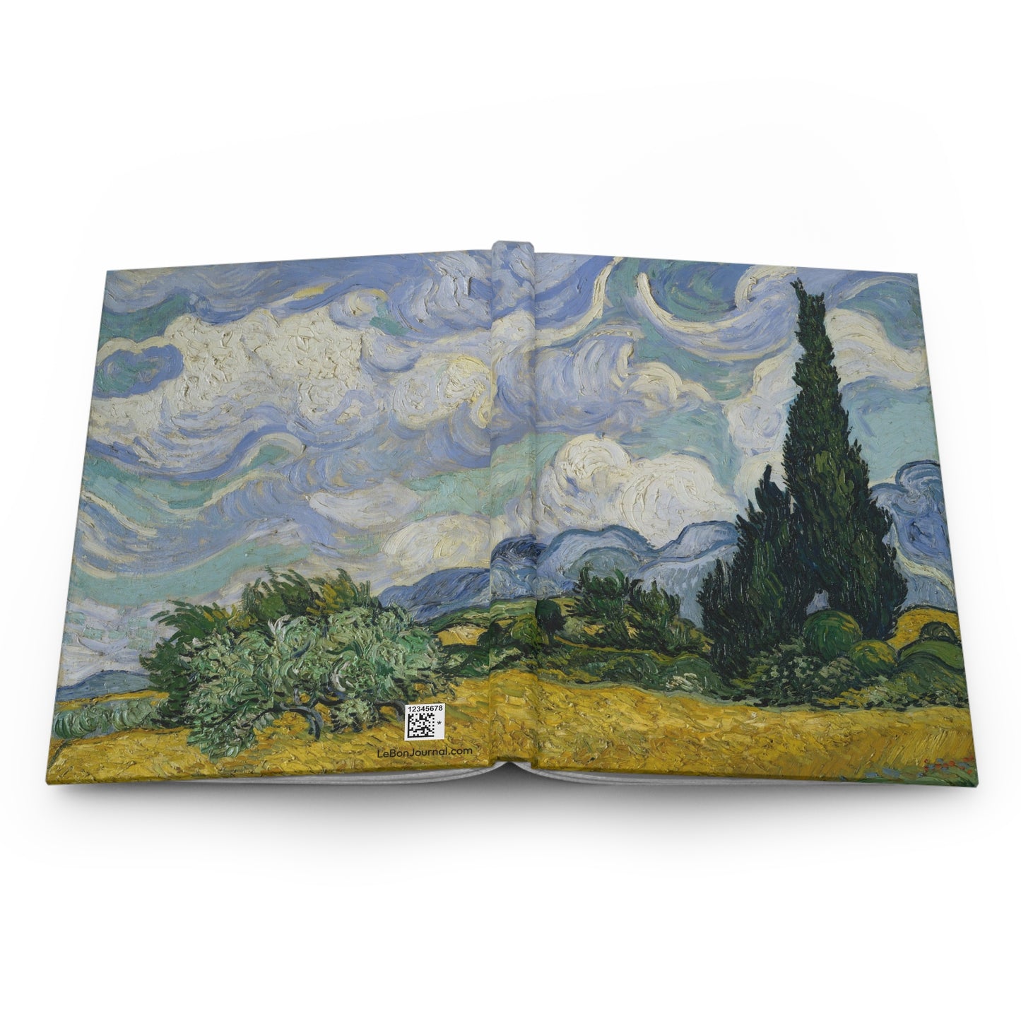 Van Gogh hardcover journal open showing front and back covers with casewrap sewn spine, Wheat Field with Cypresses 1889 - LeBonJournal