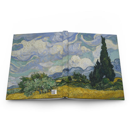 Van Gogh hardcover journal open showing front and back covers with casewrap sewn spine, Wheat Field with Cypresses 1889 - LeBonJournal