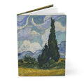 Van Gogh hardcover journal standing vertically slightly open showing lined pages, Wheat Field with Cypresses 1889 Saint-Rémy cover - LeBonJournal