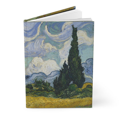 Van Gogh hardcover journal standing vertically slightly open showing lined pages, Wheat Field with Cypresses 1889 Saint-Rémy cover - LeBonJournal