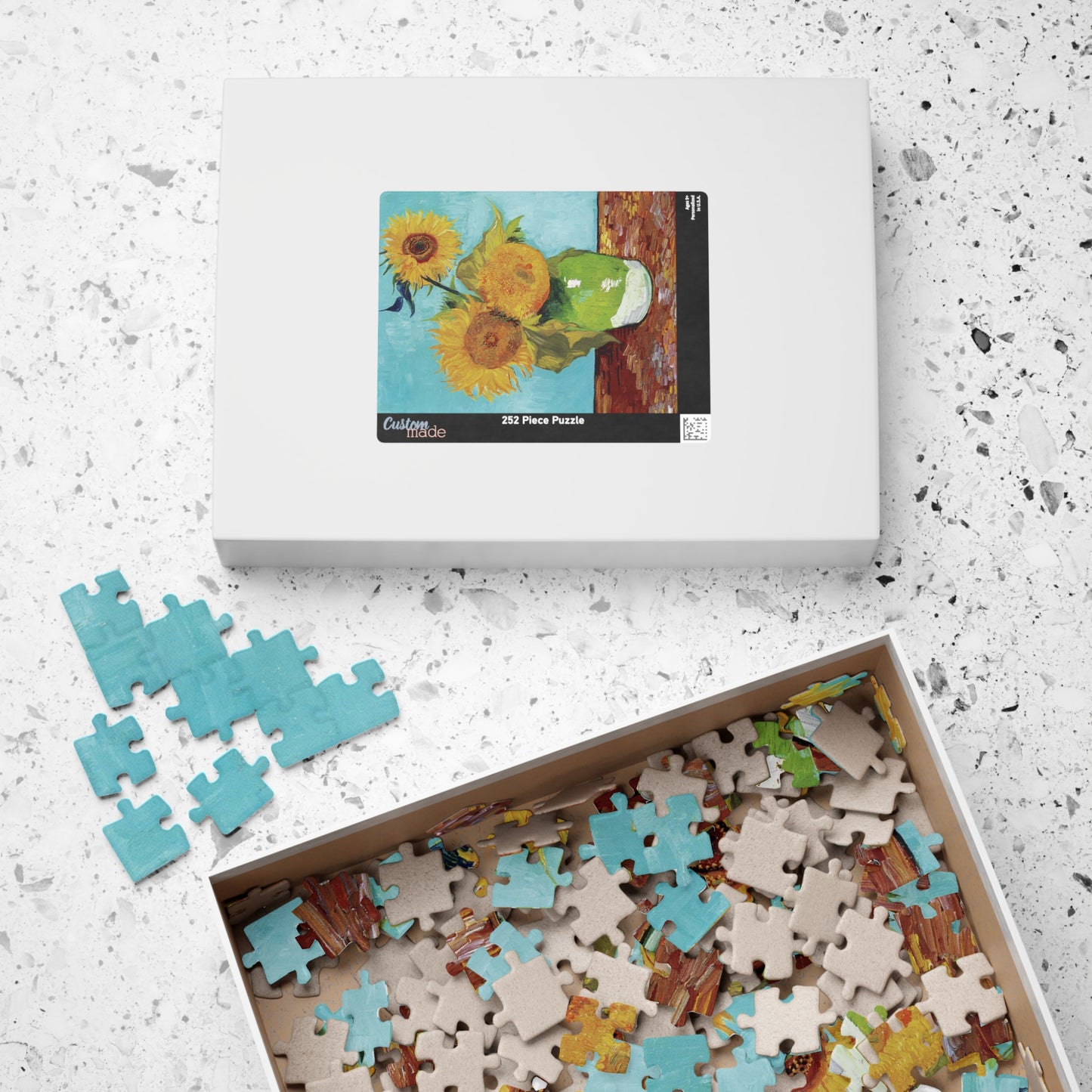 Van Gogh 1888 Three Sunflowers in a Vase puzzle box with pieces and sunflowers artwork printed on lid - LeBonJournal