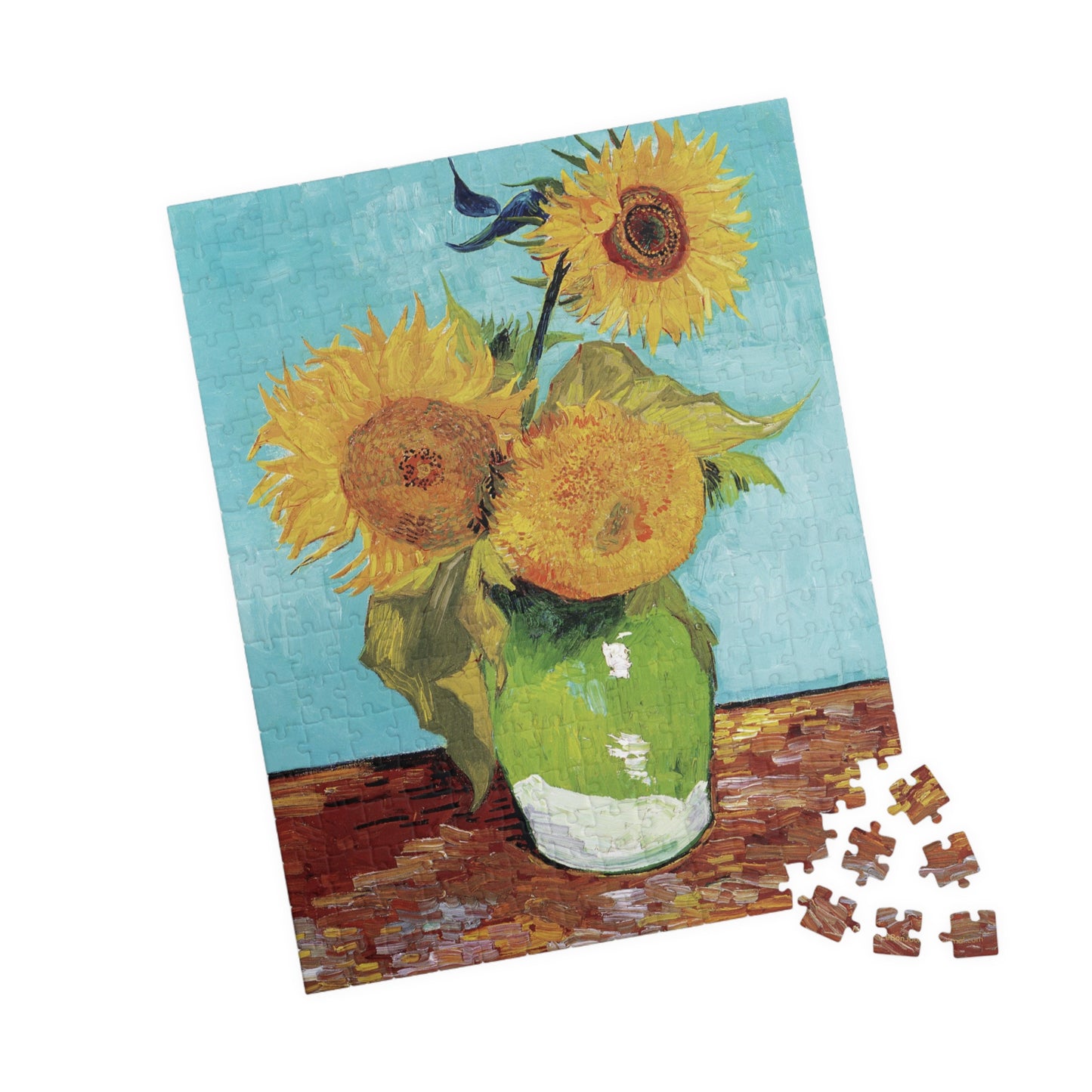 Van Gogh 1888 Three Sunflowers in a Vase puzzle 252 pieces in lifestyle setting with slow living editorial ambiance - LeBonJournal
