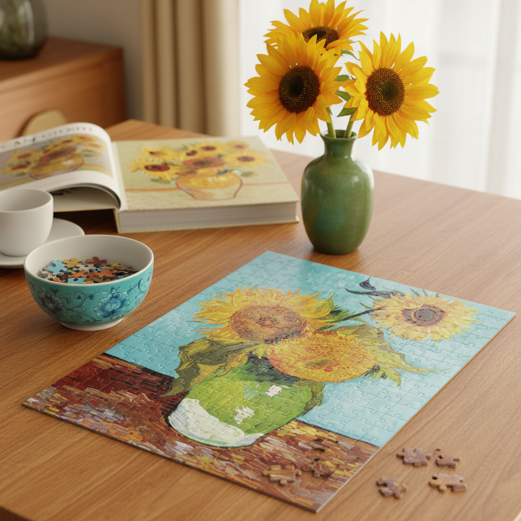 Van Gogh 1888 Three Sunflowers puzzle almost completed on wooden table with green ceramic vase sunflowers and turquoise chinoiserie bowl - LeBonJournal